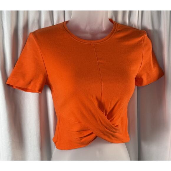 Zara Short Sleeves Cropped Cotton Blend Top, Orange , Sz: S, 83-37 - Picture 2 of 13